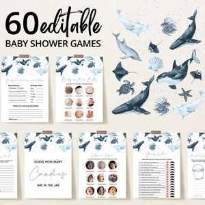 Bewerkbare jongen onder de zee baby shower spelbundel, Ocean Baby Shower Game Pack, zeedieren douche, jongen nautische douchespellen, BBS705