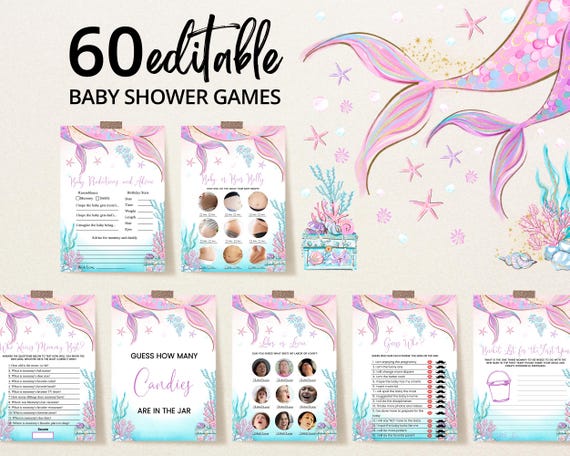 Editable Mermaid Baby Shower Game Bundle, Under the Sea Baby Shower Game Pack, Sprinkle, Pink, Purple, Gold Mermaid Games, BBS304