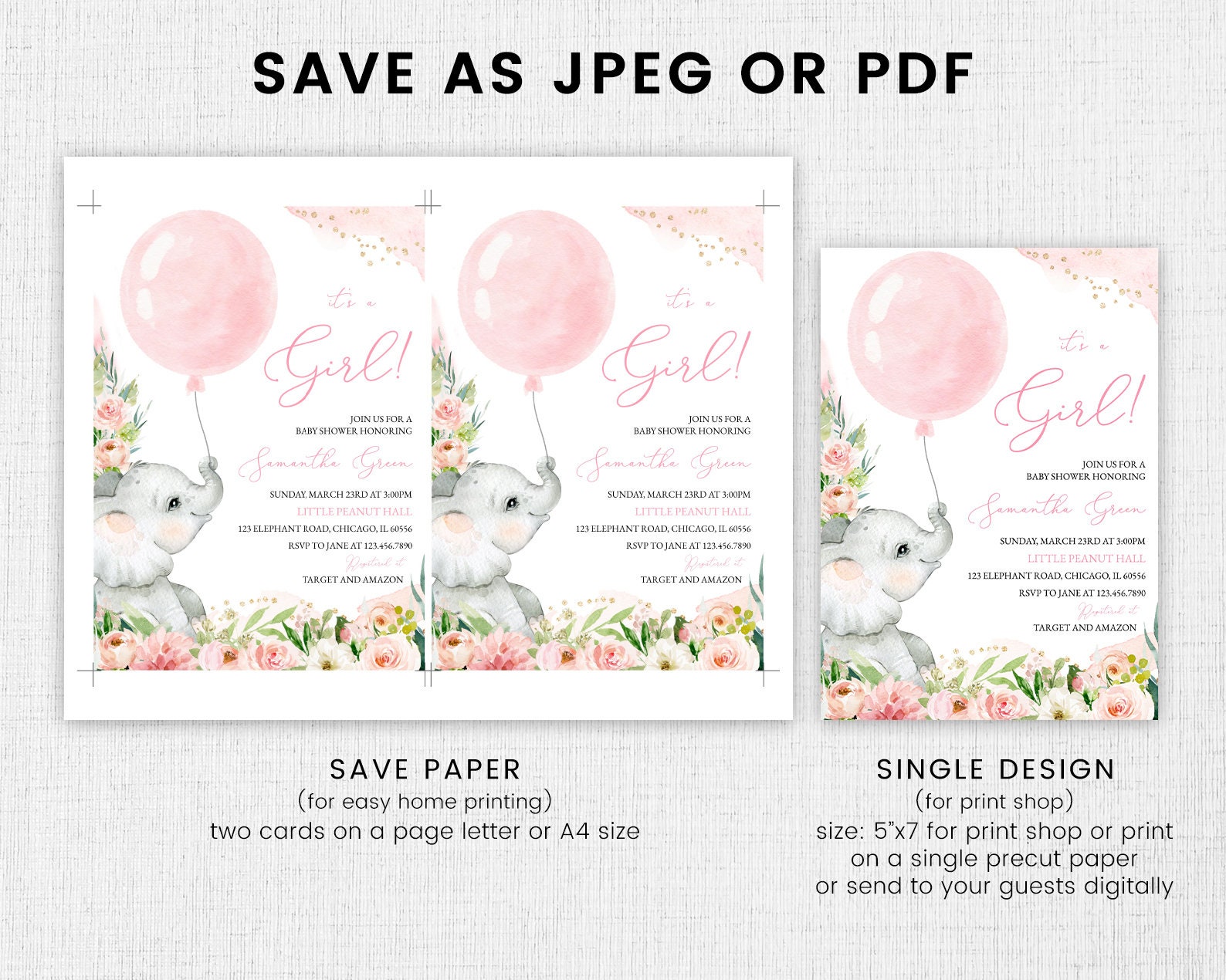 Editable Pink Floral Girl Elephant Baby Shower Invitation - Etsy