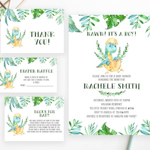 Editable Dinosaur Baby Shower Invitation Bundle, Greenery Dinosaur Baby Shower Invite, Boy Dinosaur Baby Shower, It&#39;s a Boy Dinosaur, BBS153