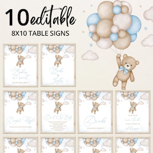 Editable Brown Bear Balloon Baby Shower Table Sign, We Can Bearly Wait Babies are Sweet Favors, Blue Boy Boho Bear Diaper Raffle, BBS388