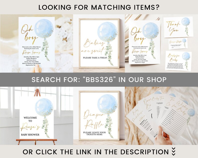 May include: A set of printable baby shower decorations featuring a blue watercolor balloon with gold glitter and eucalyptus leaves. The text "Oh boy" and "Babiez are sweet" are in gold lettering. The set includes a welcome sign, a diaper raffle sign, an invitation, a thank you card, and a baby shower game.