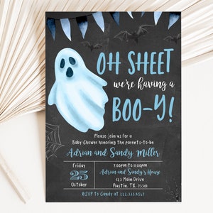 Editable Oh Sheet It's a Boo-y Baby Shower Invitation, Blue Halloween Baby Shower Invite, Boy Ghost Halloween Baby Shower Invite, BBS277