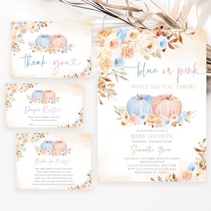 Editable Gender Reveal Pumpkin Baby Shower Invitation Bundle, Blue or Pink Pumpkin Baby Shower Invite, Gender Reveal Little Pumpkin, BBS445