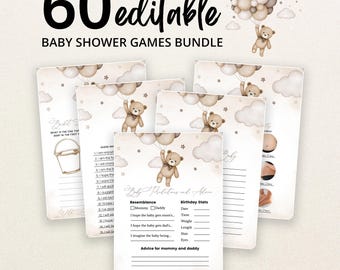 Bewerkbare genderneutrale babyshower spelletjesbundel met beertje, We kunnen bijna niet wachten babyshower spelletjespakket, Bruine boho babyshower spelletjes met beertje, BBS391
