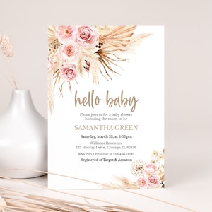 K&ouml;nnte beinhalten: Eine Babyparty-Einladung mit einer Aquarell-Illustration von rosa Blumen und getrocknetem Pampasgras. Der Text lautet "hello baby" und enth&auml;lt den Namen Samantha Green, Datum und Uhrzeit der Party, den Ort und RSVP-Informationen. Die Einladung gibt auch an, dass die werdende Mutter bei Target und Amazon registriert ist.