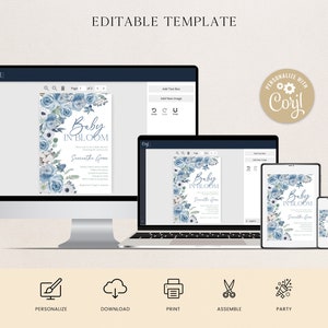 May include: Editable template for a baby shower invitation with a blue floral design. The text on the invitation reads "Baby in Bloom" and includes the name "Samantha Grove".