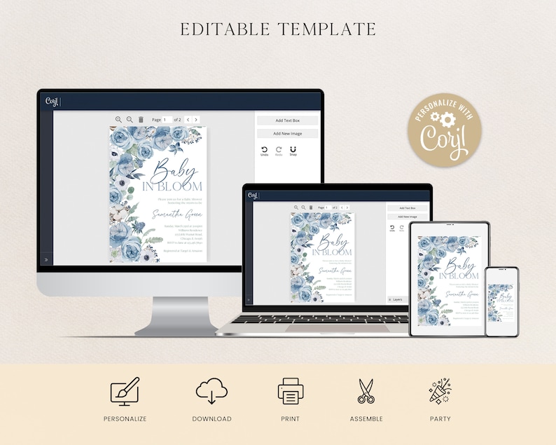 May include: Editable template for a baby shower invitation with a blue floral design. The text on the invitation reads "Baby in Bloom" and includes the name "Samantha Grove".
