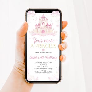 Redigerbar inbjudan till 4-årsdagen för en prinsessa, blommig prinsessfödelsedagsinbjudan, kunglig prinsessa med magiskt slott, BRT244 bild 3