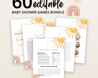 Könnte beinhalten: Ein Bündel von 60 bearbeitbaren Babyparty-Spielkarten mit Aquarellillustrationen von Sonnen und Regenbögen. Die Karten enthalten Titel wie Baby Predictions and Advice, Guess Who und Bucket List mit schwarzem Text auf weißem Papier.