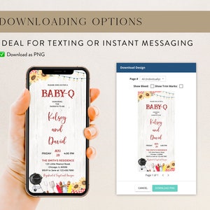 K&ouml;nnte beinhalten: Ein digitales Mockup einer Babyparty-Einladung mit rustikalem Holz-Hintergrund und einem rot-wei&szlig;en Banner mit der Aufschrift "Baby-Q". Die Einladung zeigt einen Sonnenblumenkranz, einen Grill und andere Illustrationen zum Thema Grillen. Der Text auf der Einladung lautet: "Bitte schlie&szlig;en Sie sich uns zu einem Baby-Q an, das die werdenden Eltern Kelsey und David ehrt. Freitag, 28. August, 16:00 Uhr. Die Residenz der Smiths, 123 Little Peanut Road, Chicago, IL 60556. RSVP an Jane unter 123-456-7890. Registriert bei Target und Amazon."