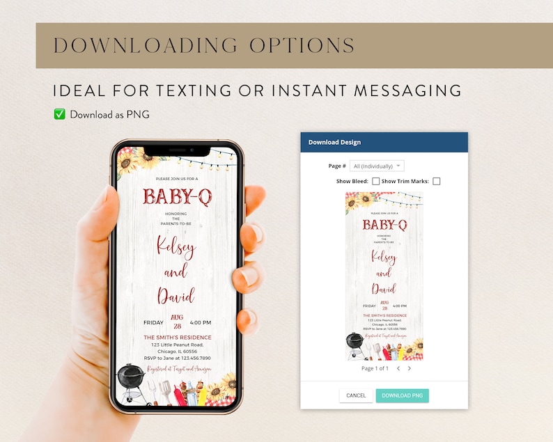 K&ouml;nnte beinhalten: Ein digitales Mockup einer Babyparty-Einladung mit rustikalem Holz-Hintergrund und einem rot-wei&szlig;en Banner mit der Aufschrift "Baby-Q". Die Einladung zeigt einen Sonnenblumenkranz, einen Grill und andere Illustrationen zum Thema Grillen. Der Text auf der Einladung lautet: "Bitte schlie&szlig;en Sie sich uns zu einem Baby-Q an, das die werdenden Eltern Kelsey und David ehrt. Freitag, 28. August, 16:00 Uhr. Die Residenz der Smiths, 123 Little Peanut Road, Chicago, IL 60556. RSVP an Jane unter 123-456-7890. Registriert bei Target und Amazon."
