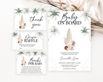 Paquete editable de invitación de baby shower de bebé a bordo de género neutro, invitación de baby shower de tabla de surf, baby shower de verano de surf, BBS663
