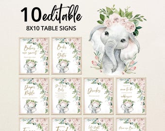 Könnte beinhalten: Zehn editierbare 20 x 25 cm Tischschilder mit floralen und Elefanten-Designs. Die Schilder enthalten Texte wie "Babies are sweet" und "Books & Gifts". Eine Aquarell-Illustration eines Elefanten mit Blumenkrone ist ebenfalls enthalten.