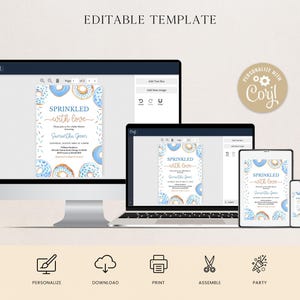May include: Editable template for a baby shower invitation with a blue and white donut theme. The text reads "Sprinkled with love" and includes the name "Samantha Green".