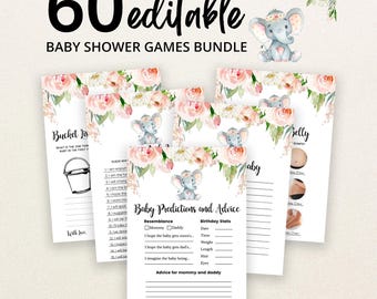 May include: A bundle of 60 editable baby shower game cards featuring watercolor illustrations of a gray elephant with pink floral accents. The cards include text such as Baby Predictions and Advice, Bucket List, and Guess Who, with blank lines for writing.
