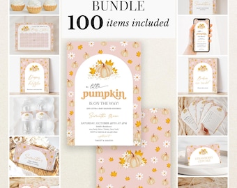 May include: A baby shower bundle featuring 100 items with a pumpkin and daisy theme on a light pink background. The set includes invitations, signs, cupcake toppers, water bottle labels, and game cards, all displaying the text A little pumpkin is on the way.