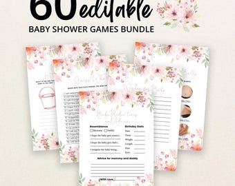 Könnte beinhalten: Ein Set aus 60 bearbeitbaren Babyparty-Spielkarten mit einem Blumendesign aus rosa und grünen Aquarellblumen. Die Karten enthalten Text wie Baby Predictions and Advice, Guess Who und Wishes for Baby sowie leere Zeilen zum Ausfüllen.