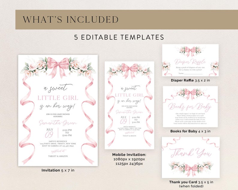 Editable Pink Bow Baby Shower Invitation Bundle, Bow Girl Baby Shower ...