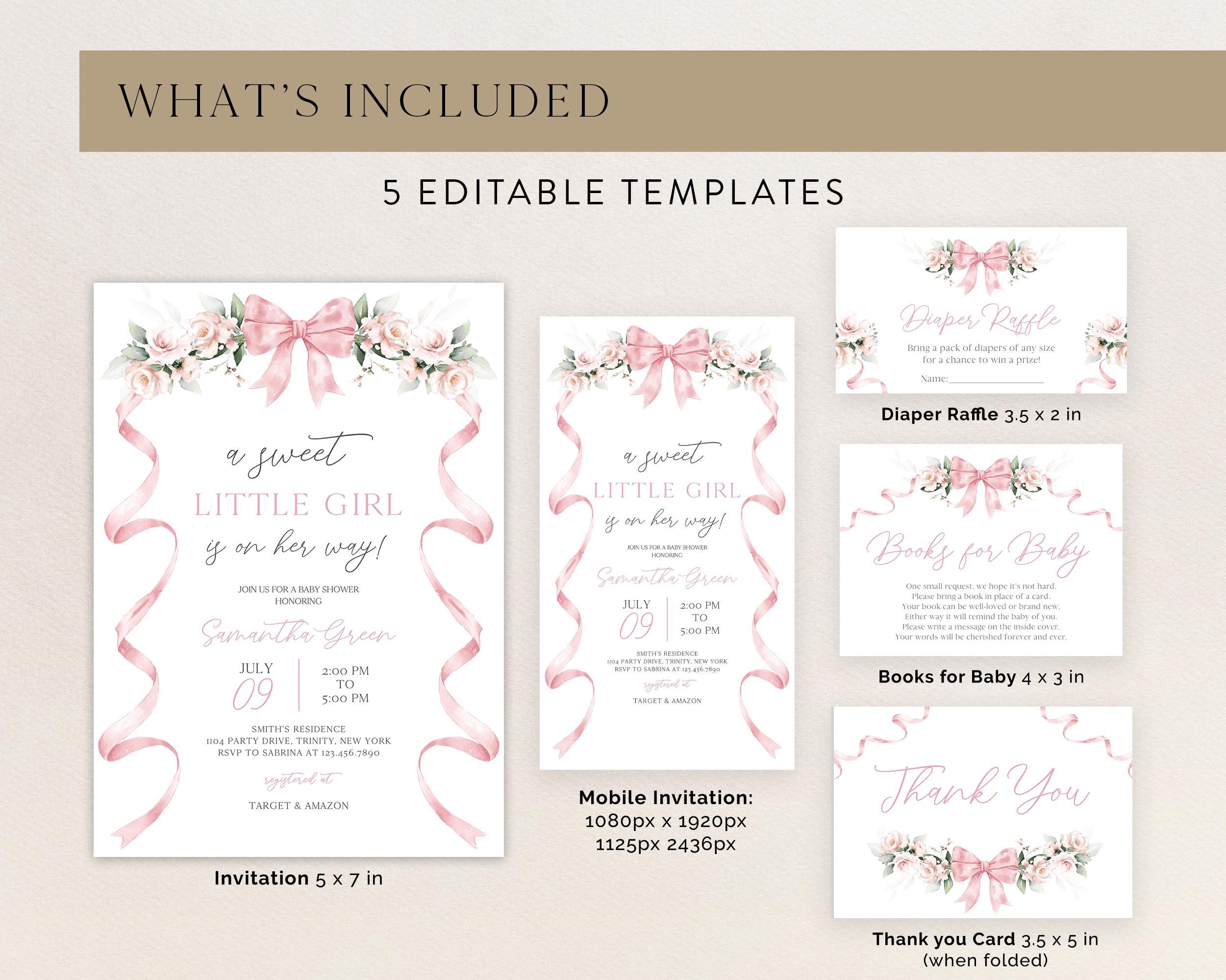 Editable Pink Bow Baby Shower Invitation Bundle, Bow Girl Baby Shower ...