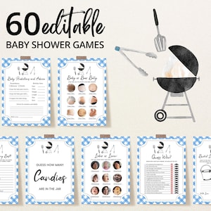 Editable BBQ Baby Shower Game Bundle, Backyard Baby Shower Games, Blue Baby-q Shower Game Pack, Bun in the Oven and Burger Grill,BBS395