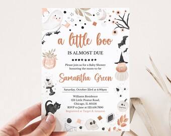 May include: A Halloween-themed baby shower invitation with the text "a little boo is almost due." The invitation features watercolor illustrations of a ghost, pumpkin, black cat, and other spooky elements. The invitation is for Samantha Green.