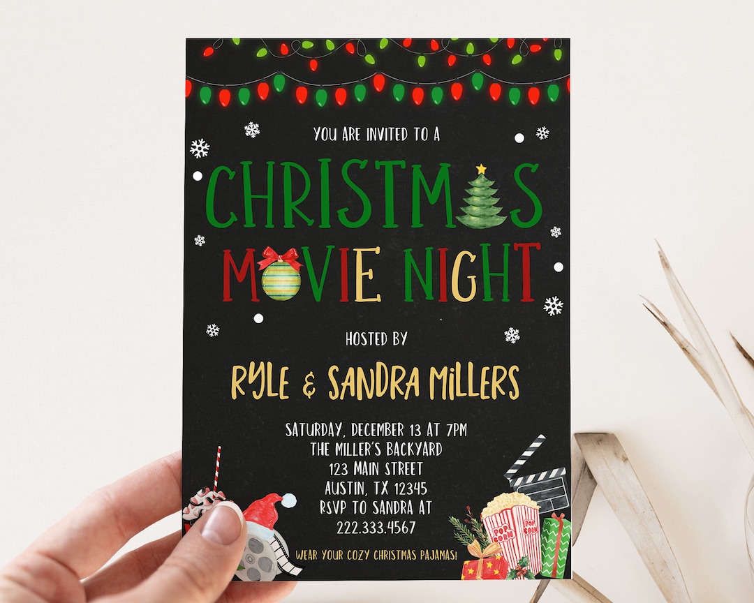 Editable Christmas Movie Night Invitation, Movie Night Invite Template
