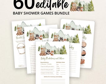 Peut inclure: Un lot de 60 cartes de jeux de baby shower modifiables avec des illustrations à l'aquarelle d'un ours, d'un raton laveur et d'un renard devant des montagnes et des pins verts. Le texte inclut Baby Predictions and Advice, Bucket List et Baby.