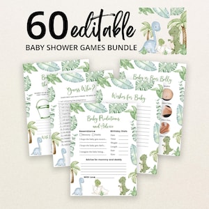 May include: A bundle of 60 editable baby shower game cards featuring watercolour dinosaur illustrations and green tropical leaves. The cards include titles like Guess Who, Wishes for Baby, and Baby Predictions and Advice with blank lines.