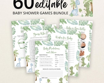 May include: A bundle of 60 editable baby shower game cards featuring watercolor dinosaur illustrations and green tropical leaves. The cards include titles like Guess Who, Wishes for Baby, and Baby Predictions and Advice with blank lines.