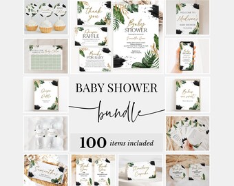 May include: A digital printable baby shower bundle with 100 items. The bundle includes a variety of designs featuring tropical leaves, black and white accents, and gold foil lettering. The text "Baby Shower Bundle" and "100 items included" are featured on the image.