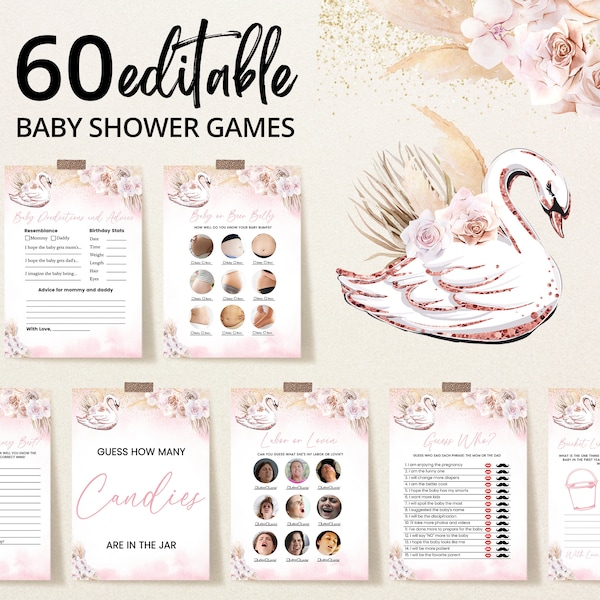 Editable Boho Pink Swan Baby Shower Game Bundle, Oh Baby Swan Baby Shower Game Pack, Boho Swan Floral Baby Shower Games, BBS679