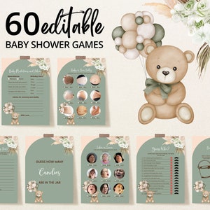 Editable We Can Bearly Wait Baby Shower Game Bundle, Green Bear Balloon Baby Shower Game Pack, Gender Neutral Boho Bear Shower Games, BBS434