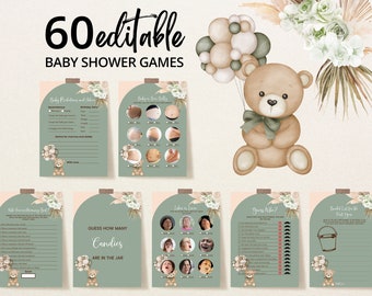 Editable We Can Bearly Wait Baby Shower Game Bundle, Green Bear Balloon Baby Shower Game Pack, Gender Neutral Boho Bear Shower Games, BBS434