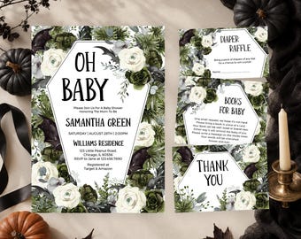 Editable Gender Neutral Gothic Halloween Baby Shower Invitation Bundle, Roses and Bats Baby Shower, Coffin-shaped Baby Shower Invite, BBS767