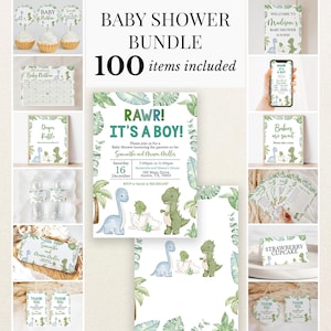 Può includere: Un set per baby shower con 100 articoli di cancelleria a tema dinosauri, inclusi inviti, cartelli, etichette e decorazioni per cupcake. I design presentano dinosauri acquerellati verdi e blu, foglie tropicali e il testo RAWR! IT'S A BOY!