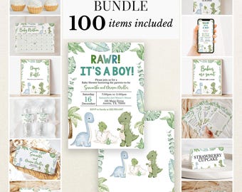 May include: A baby shower bundle featuring 100 items with dinosaur-themed stationery, including invitations, signs, tags, and cupcake toppers. The designs feature green and blue watercolor dinosaurs, tropical leaves, and text like RAWR! IT'S A BOY!