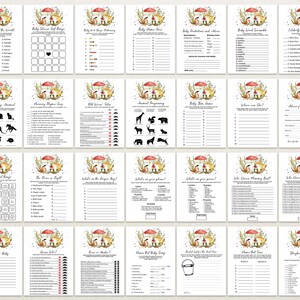 May include: A set of 18 printable baby shower game cards featuring a woodland theme with mushrooms, deer, and other forest animals. The cards include games like "Baby Around the World", "Guess the Baby Food", "Animal Pregnancy", and "Who Knows Mommy Best?"