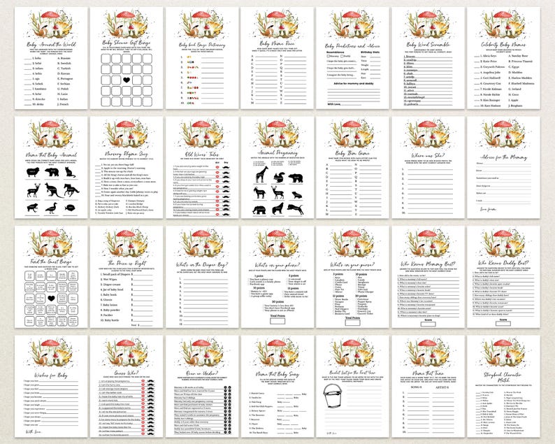 May include: A set of 18 printable baby shower game cards featuring a woodland theme with mushrooms, deer, and other forest animals. The cards include games like "Baby Around the World", "Guess the Baby Food", "Animal Pregnancy", and "Who Knows Mommy Best?"