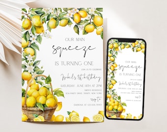 Editable Our Main Squeeze Lemon Birthday Invitation, Lemon Birthday Invite, Citrus Lemon Birthday Invitation Template, BRT288