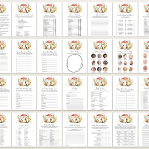 May include: A set of 18 printable baby shower game cards featuring a watercolor illustration of a mushroom with a red cap and white spots. The cards are designed with a white background and black text. The games include "Baby Trivia Around the World", "Guess the Sweet Treat", "Guess the Baby Food", "Draw Baby", "Who's on Top", "World Mommy Trivia", "Baby Truths", "Two Truths and a Lie", "What Did Mommy Say", "What Did Daddy Say", "Design", "Baby Faces", "Baby Shower Memory Game", "Pick the Candy Bar", "Baby Word Match", "Guess the Movie", "Baby Food Like", "What's the Story", "Baby Shower Superlatives", "Baby Shower Characters", "Baby Shower Food".