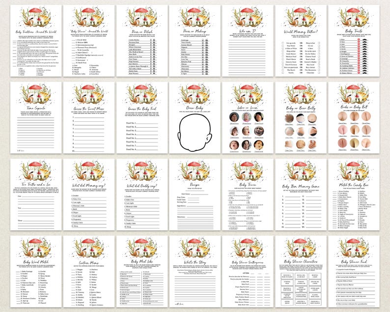 May include: A set of 18 printable baby shower game cards featuring a watercolor illustration of a mushroom with a red cap and white spots. The cards are designed with a white background and black text. The games include "Baby Trivia Around the World", "Guess the Sweet Treat", "Guess the Baby Food", "Draw Baby", "Who's on Top", "World Mommy Trivia", "Baby Truths", "Two Truths and a Lie", "What Did Mommy Say", "What Did Daddy Say", "Design", "Baby Faces", "Baby Shower Memory Game", "Pick the Candy Bar", "Baby Word Match", "Guess the Movie", "Baby Food Like", "What's the Story", "Baby Shower Superlatives", "Baby Shower Characters", "Baby Shower Food".