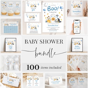 Editable Blue A Little Boo Baby Shower Bundle, Boy Halloween Baby Shower Invitation Pack, Cute Ghost Halloween Shower Game Package, BBS903
