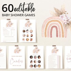Pacote de jogos editáveis para chá de bebê Boho Rainbow, pacote de jogos rústicos para chá de bebê Rainbow, jogos de chá de bebê Pampas Grass para meninas Rainbow, BBS404