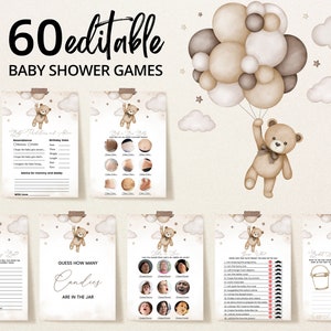 Editable Gender Neutral Bear Baby Shower Game Bundle, We Can Bearly Wait Baby Shower Game Pack, Brown Boho Bear Baby Shower Games, BBS391