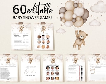 Editable Gender Neutral Bear Baby Shower Game Bundle, We Can Bearly Wait Baby Shower Game Pack, Brown Boho Bear Baby Shower Games, BBS391