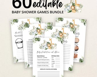 May include: A bundle of 60 editable baby shower game cards featuring watercolour illustrations of a giraffe, lion, and other animals with green tropical leaves. The cards include text such as Baby Predictions and Advice, Guess Who, and Bucket List.