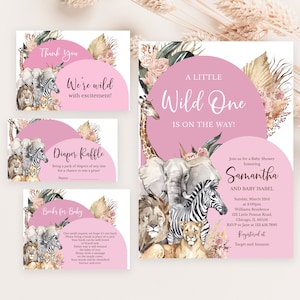 Bearbeitbares Boho Wild One Girl Baby Shower Einladung Bundle, Pink Boho Safari Jungle Baby Shower Invite Pack, Safari Tiere einladen, BBS469