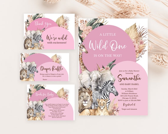 Editable Boho Wild One Girl Baby Shower Invitation Bundle, Pink Boho Safari Jungle Baby Shower Invite Pack, Safari Animals Invite, BBS469