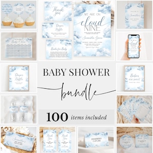Editable On Cloud 9 Baby Shower Bundle, Blue Cloud Nine Baby Shower Invitation Pack, Boy We&#39;re on Cloud Nine Shower Game Package, BBS970